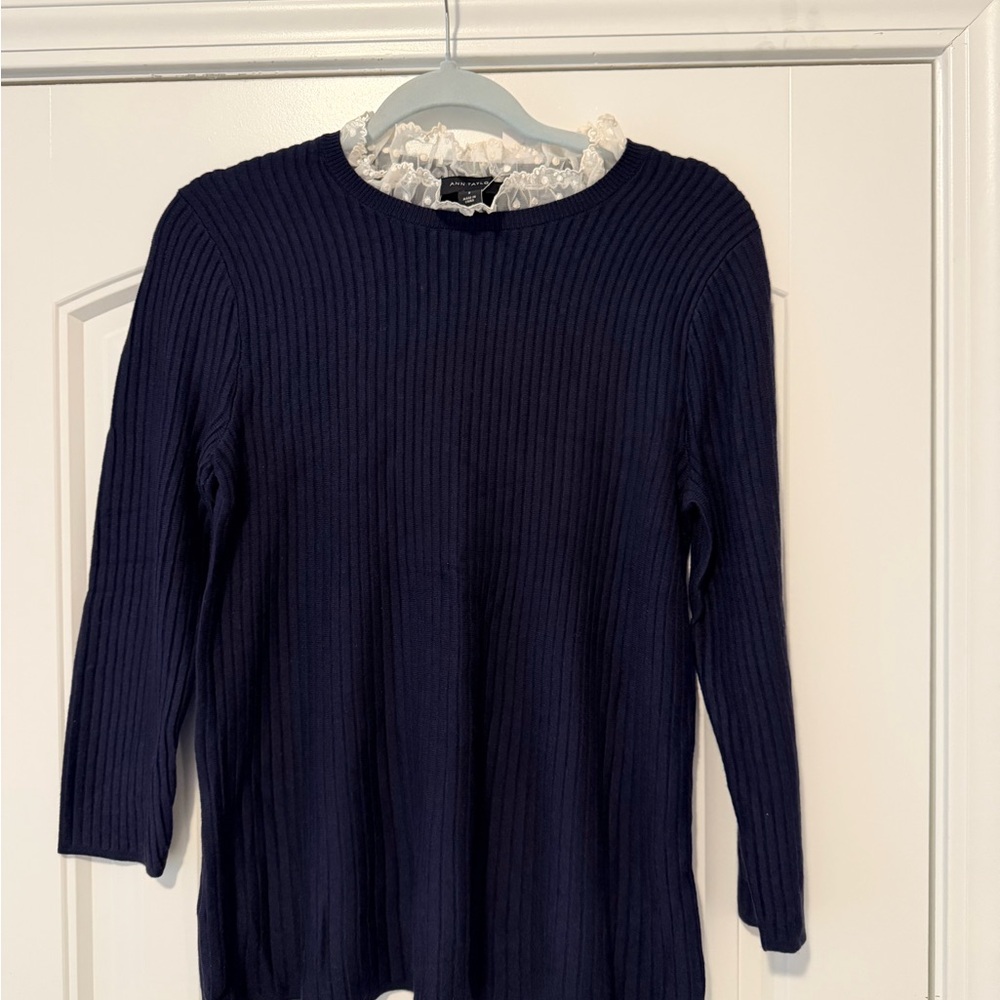NWT! Ann Taylor Navy Sweater with Lace Detail